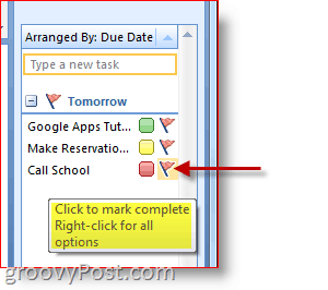 Outlook 2007-oppgavelinjen - Klikk på Oppgaveflagg for å merke som fullført
