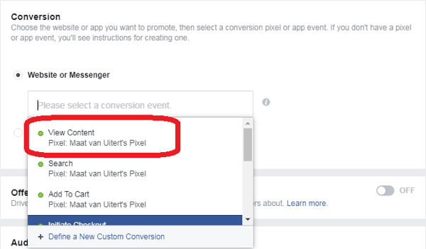 Hvis du valgte Konverteringer som Facebook Messenger-annonsemål, velger du en konverteringshendelse.