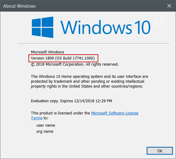 Winver Windows 10 versjon 1809