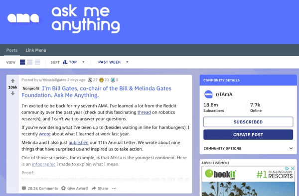 Hvordan markedsføre virksomheten din på Reddit, eksempel på bildepost fra subreddit r / IAmA