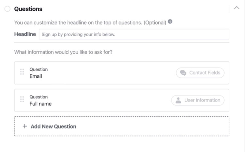 Spørsmålsseksjonen i Facebook-prosessen for skjemaoppsett