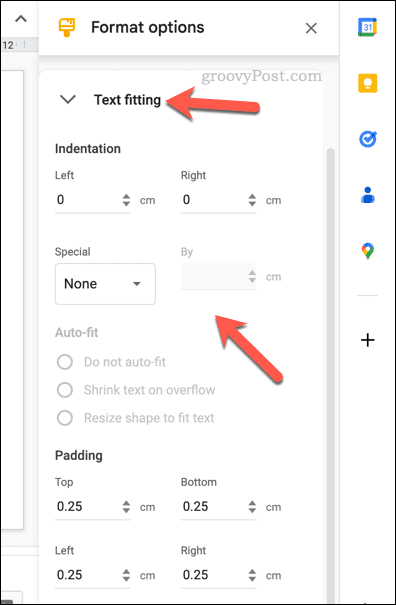Endre alternativer for teksttilpasning for en Google Slides-tabell