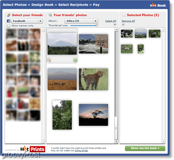 HotPrints lar deg velge fra dine egne opplastede bilder eller fra venner på Facebook
