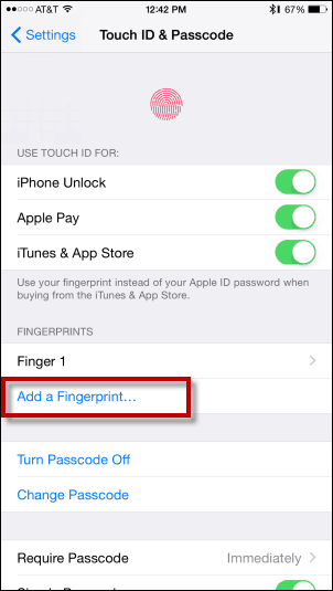 Trykk på Legg til et fingeravtrykk - Legg til fingeravtrykk til berørings-ID