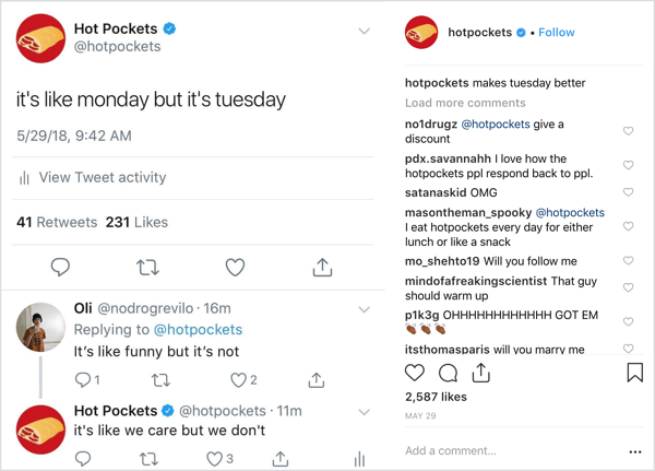 Hot Pockets Instagram-innlegg med varemerket oddball-humor.
