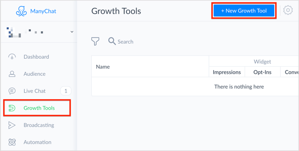 I ManyChat velger du Growth Tools til venstre og klikker på + New Growth Tool-knappen øverst til høyre.