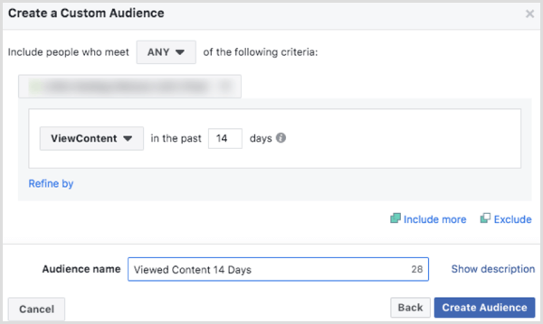 Velg alternativer for å opprette et Facebook-tilpasset publikumsside basert på ViewContent-arrangementet 