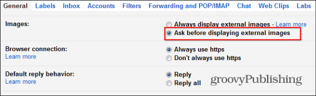 Gmail deaktiverer innstillinger for automatisk innlasting av bilder