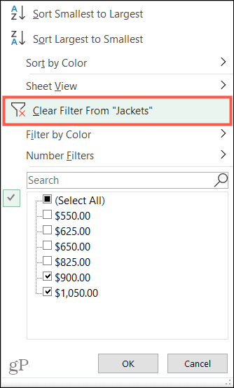 Fjern filtre i Excel