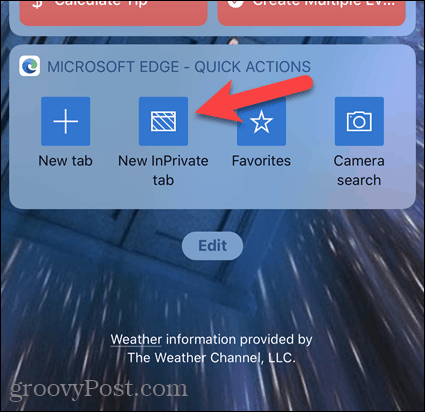 Trykk på Ny InPrivate-fane på Edge-widgeten på iOS