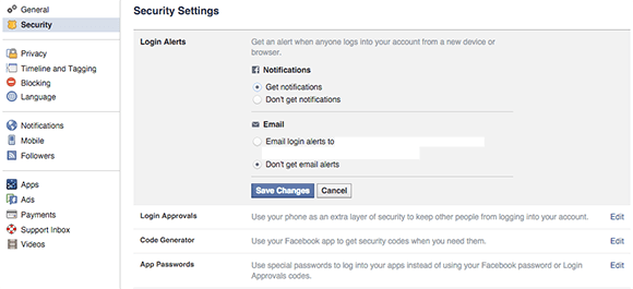 facebook desktop sikkerhetsvarslingsinnstillinger