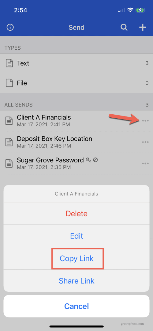 Kopier Send Link i Bitwarden på iPhone