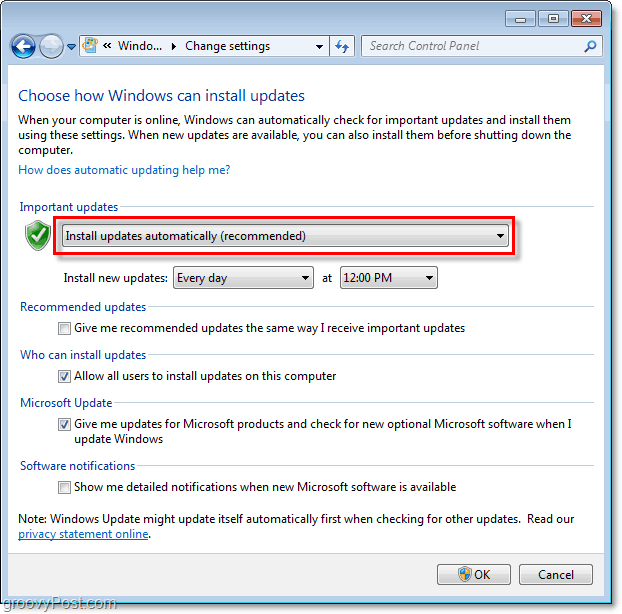 Windows 7 - Skjermbilde av Windows Update Configuration Menu