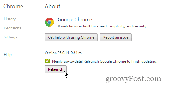 Google Chrome About Page - Oppdater og start på nytt