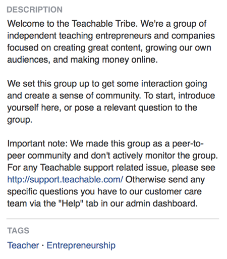 I Facebook-gruppebeskrivelsen sier Teachable direkte at Facebook-gruppen handler om å skape et fellesskap.