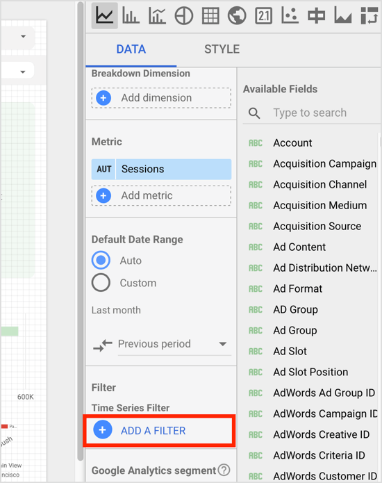 Klikk på Legg til et filter-alternativ i kategorien Data på komponentegenskapepanelet.