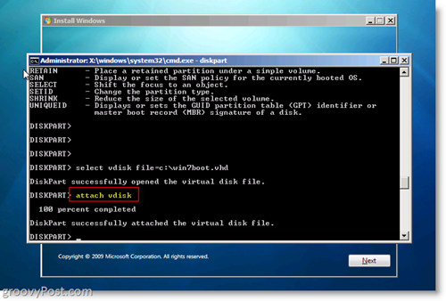 Windows 7 Native VHD Installer Dual Boot Attach VHD fra CMD Prompt