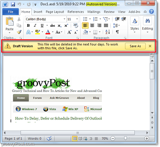 utkast til versjonsadvarsel på kontoret 2010