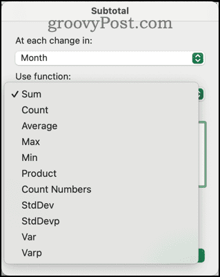 Ulike funksjoner tilgjengelig i Subtotal Dialog i Excel