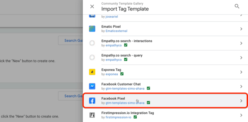 google tag manager fellesskap mal galleri import tag mal meny med eksempel maler av ematic pixel, exponea tag, facebook kundechat, blant annet med facebook pixel uthevet