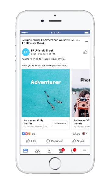 Facebook rullet ut en ny type dymanisk annonse for reise, turoverveielse.