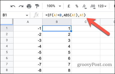 Bruke en IF-setning til å endre negative tall til positive i Google Sheets