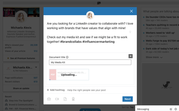 LinkedIn dokumentdelingsinnlegg, last opp dokument til organisk innlegg trinn 2, legg til dokumenttittel, tekst og hashtags