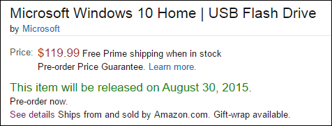 Forhåndsbestill Windows 10 Retail USB Flash Drive fra Amazon