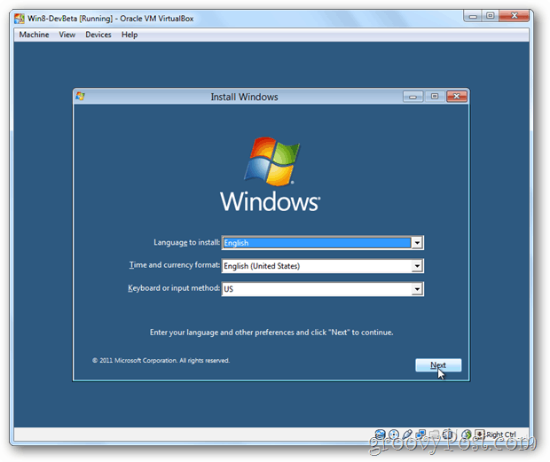 VirtualBox Windows 8 installeringsmeny