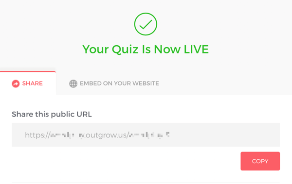 Link for å dele din live Outgrow-quiz.