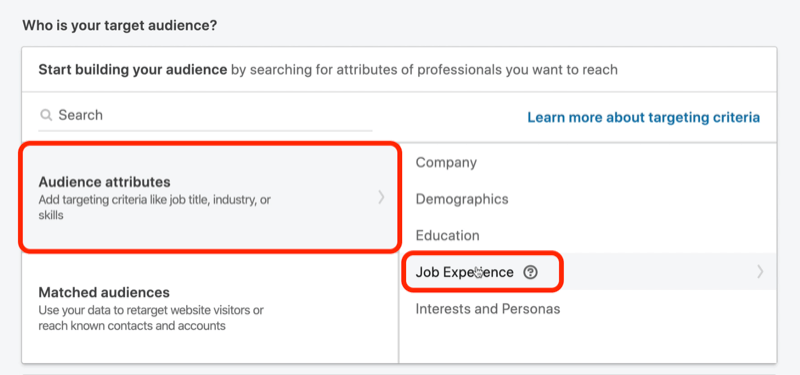 skjermbilde av Who Is Your Audience? seksjon i LinkedIn-kampanjeoppsett