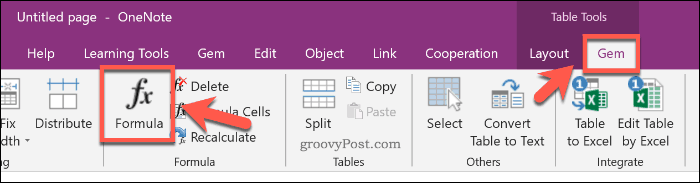 Sette inn en Excel-formel ved å bruke Gem for OneNote-tillegget i OneNote