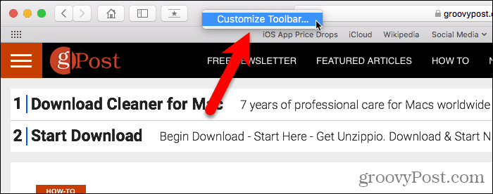 Velg Tilpass verktøylinje i Safari for Mac