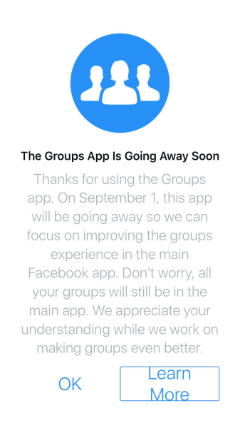 Facebook vil avvikle Groups-appen for iOS og Android etter 1. september 2017.