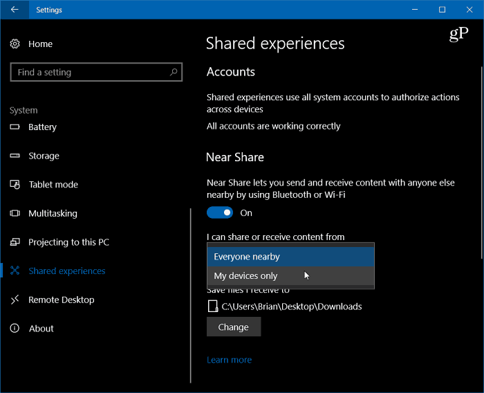 1 Aktiver nær deling av Windows 10-innstillinger