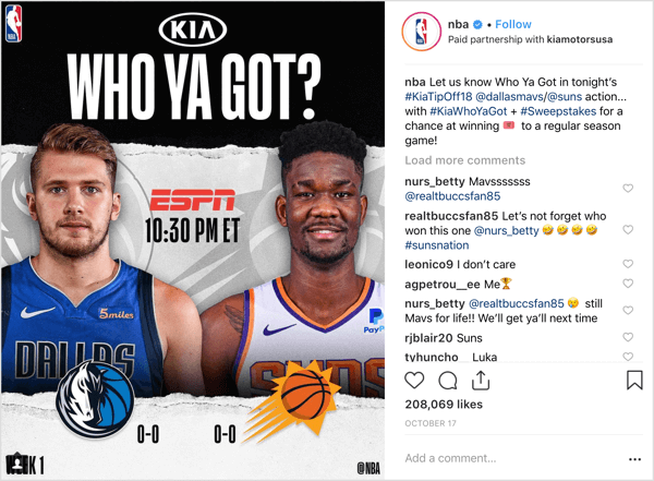 NBA gikk sammen med sponsor Kia Motors for å gi bort spillbilletter i begynnelsen av sesongen på Instagram.