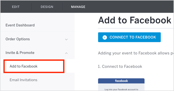I kategorien På Eventbrite Manage klikker du Inviter og promoter og velger Legg til Facebook fra rullegardinmenyen.