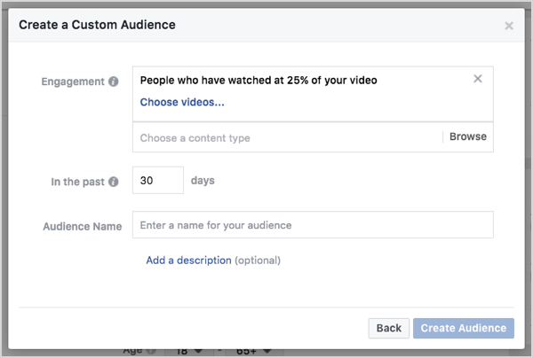 Facebook tilpasset publikum basert på videovisninger på 30 dager.