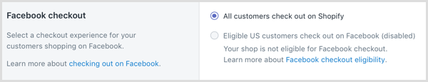 I Shopify velger du en kasseopplevelse for kundene dine som handler på Facebook.