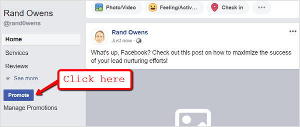 Gå til Facebook-siden din og klikk på Promote-knappen under navigasjonsfanen.