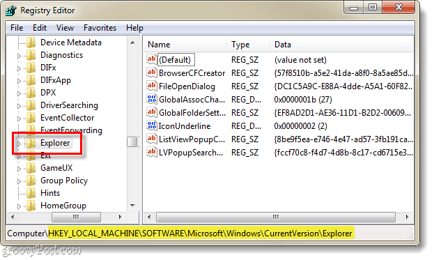 Finn registernøkkelen som gjelder den gjeldende versjonen av explorer i Windows 7-registeret