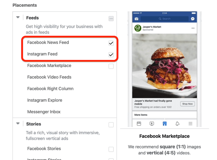 Facebook-nyhetsfeed og Instagram-feedplasseringer valgt på annonsesettnivå i Facebook Ads Manager