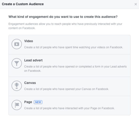 Facebook lar deg lage fire engasjementsbaserte tilpassede målgrupper.