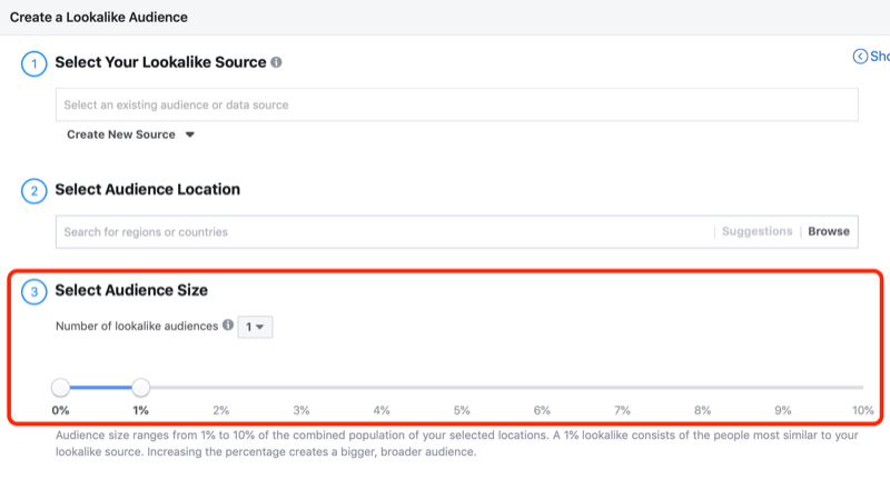 Opprett et Lookalike Audience-oppsettvindu i Facebook Audiences