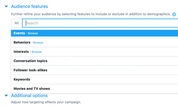Alternativer for å avgrense publikum for Twitter-annonsen din (In-Stream Video Views).