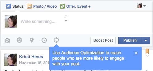 facebook publikumsoptimalisering for oppdateringsboksen for innlegg