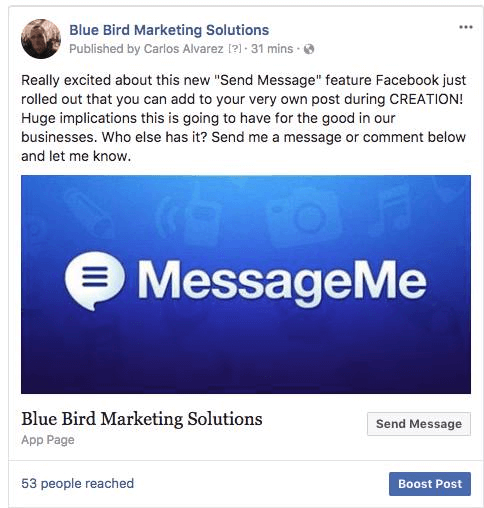 Facebook la til muligheten for å inkludere en knapp til sideposter som gir brukerne muligheten til å svare direkte i Messenger.