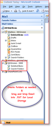 Outlook 2007-innboksen som viser .PST-personopplysningsfil i navigasjonsruten:: groovyPost.com