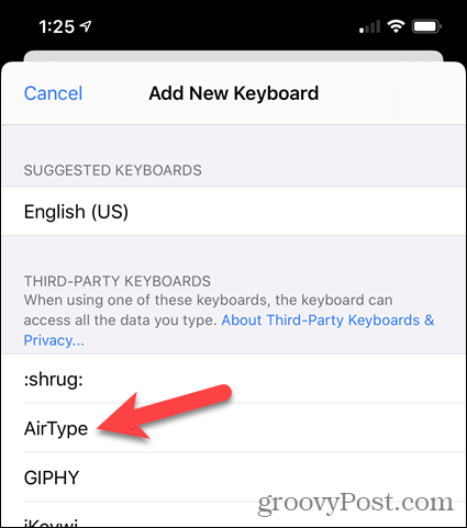 Trykk på AirType i listen over tredjeparts tastaturer i iPhone-innstillinger