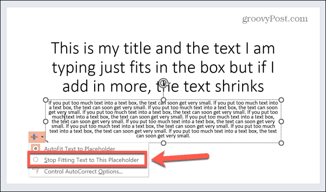 powerpoint slutter å tilpasse tekst til plassholder